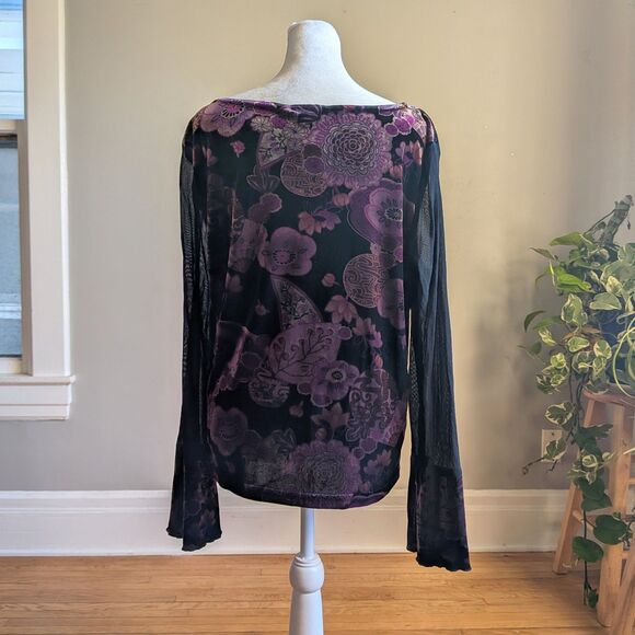 Vintage Y2K Worthington Floral Velvet Top Bell Sleeves Whimsygoth Fairycore XL - Picture 3 of 9